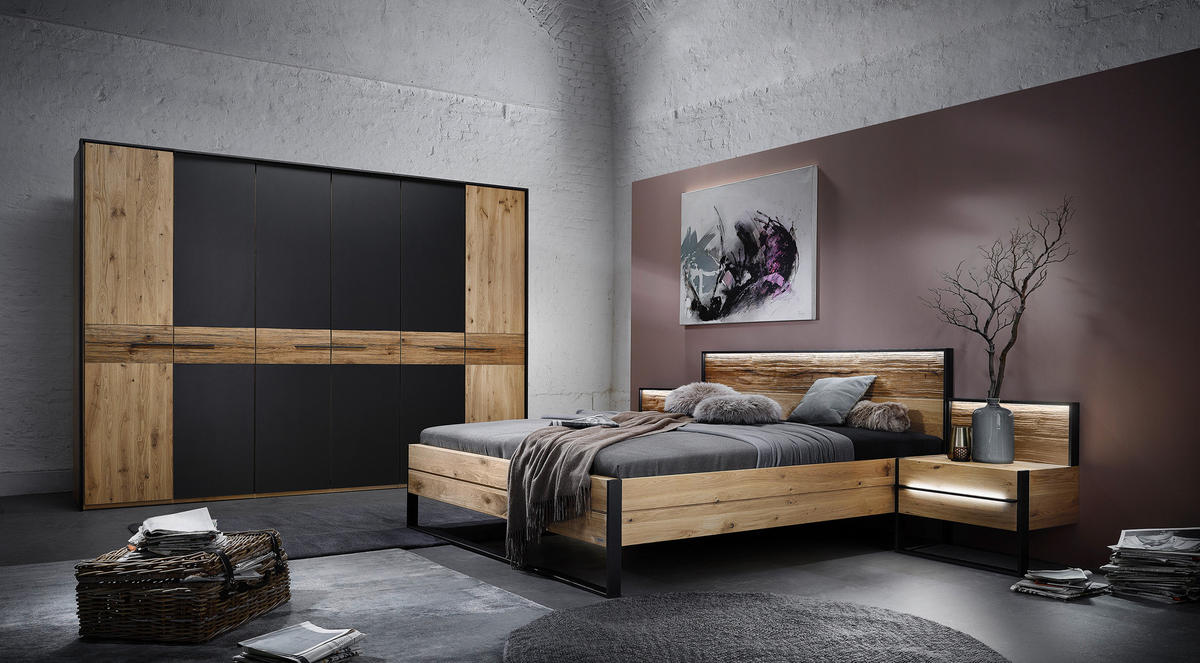 BETTANLAGE 180/200 cm  in Graphitfarben, Eichefarben   - Eichefarben/Graphitfarben, Konventionell, Holz/Metall (180/200cm) - Valdera