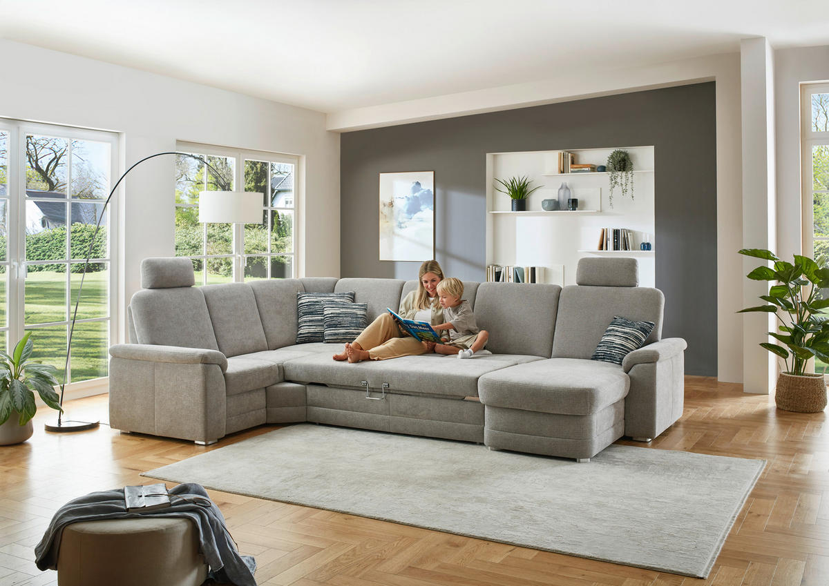 WOHNLANDSCHAFT Chenille Hellgrau  - Hellgrau/Alufarben, Konventionell, Holz/Textil (235/329/160cm) - Beldomo Comfort