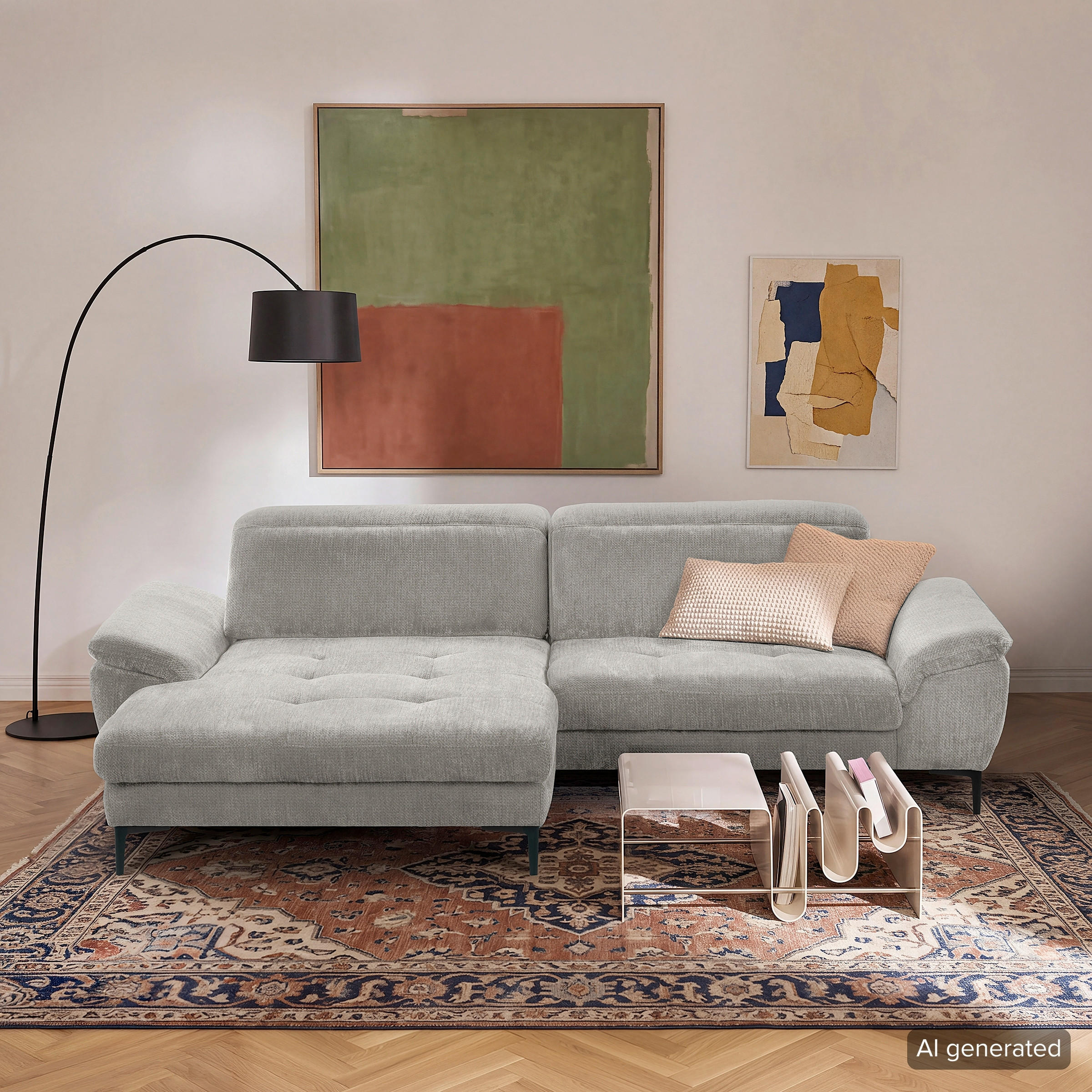 ECKSOFA PRADO Grau Webstoff Bettkasten, Kopfteilverstellung, Sitztiefenverstellung  - Schwarz/Grau, Design, Textil/Metall (195/268cm) - Livetastic