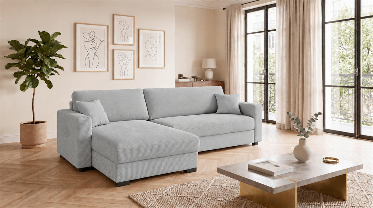 ECKSOFA Hellgrau Cord Zierkissen, Rückenkissen, Bettkasten, Topper  - Hellgrau/Schwarz, Basics, Holz/Textil (284/184cm) - MID.YOU