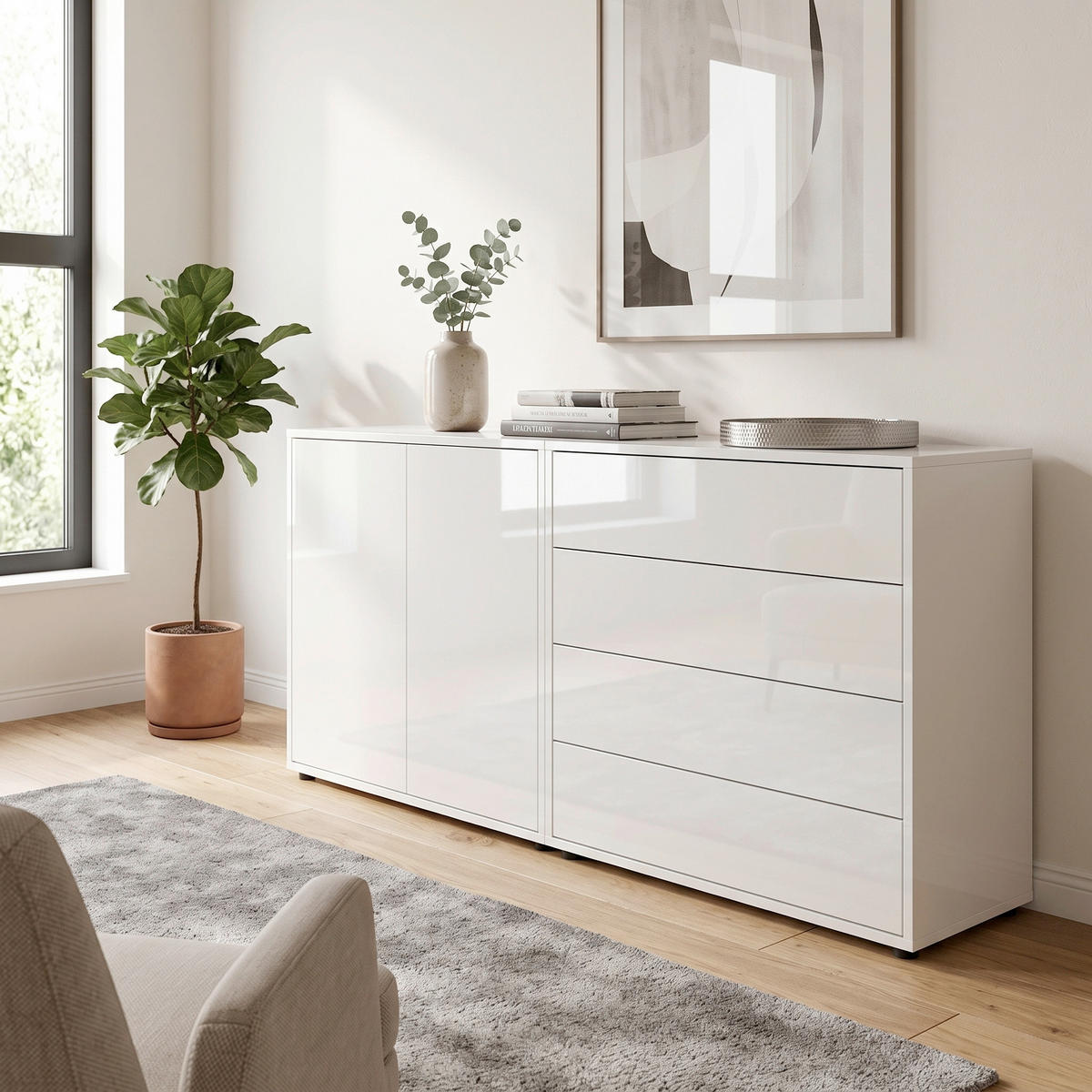 SIDEBOARD   - Weiß Hochglanz/Schwarz, MODERN, Holzwerkstoff/Kunststoff (158/73/33cm) - MID.YOU