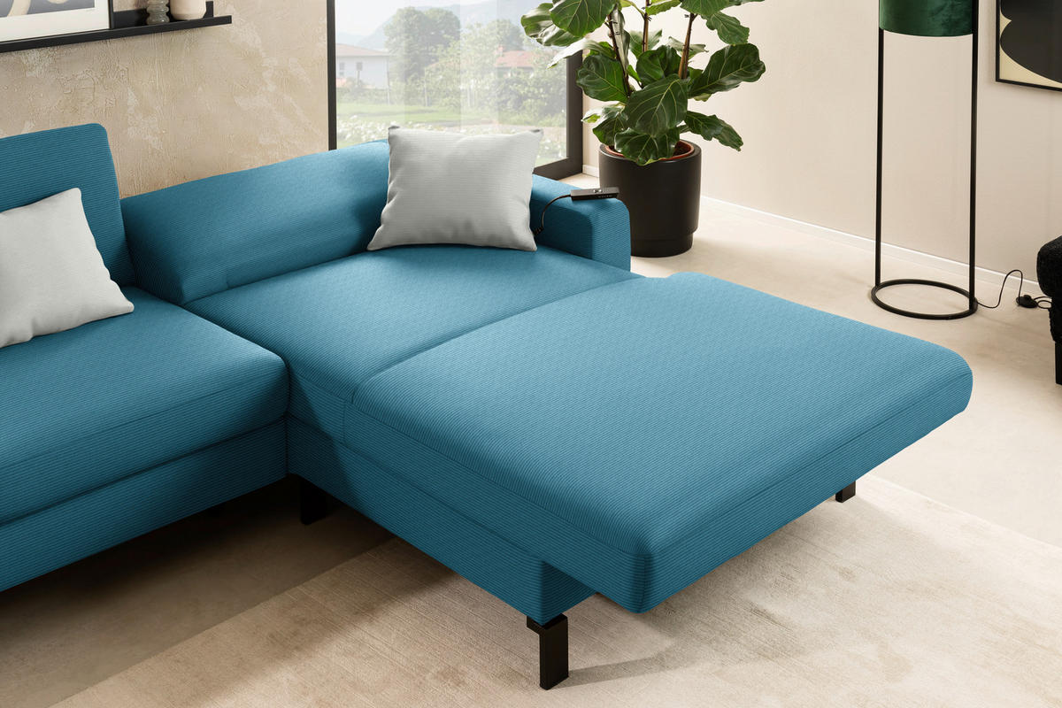 ECKSOFA Cord Petrol  - Petrol/Schwarz, Design, Textil/Metall (298/185cm) - Pure Home Lifestyle