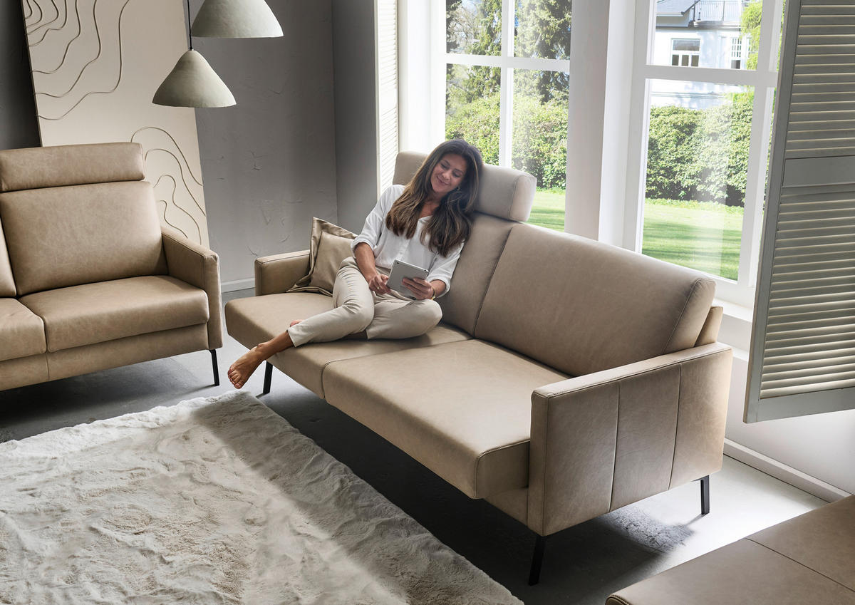 3-SITZER-SOFA Echtleder Taupe  - Taupe/Schwarz, Konventionell, Leder/Metall (200/88/88cm) - Pure Home Comfort