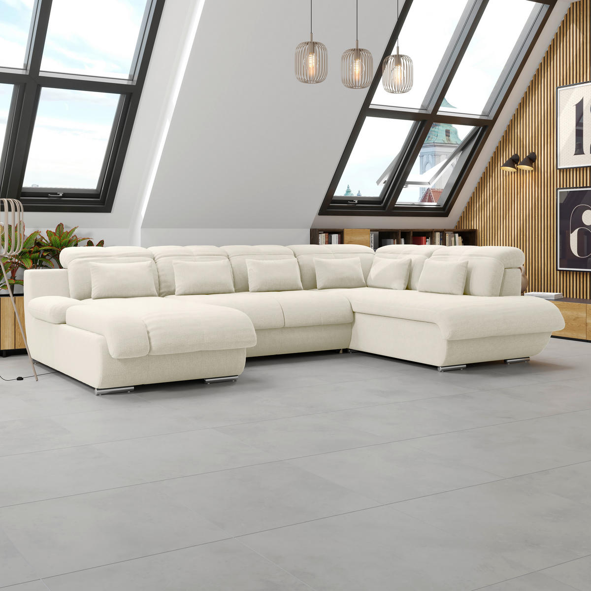 WOHNLANDSCHAFT MULTI Elfenbein Chenille  - Chromfarben/Elfenbein, MODERN, Textil/Metall (184/345/228cm) - Livetastic