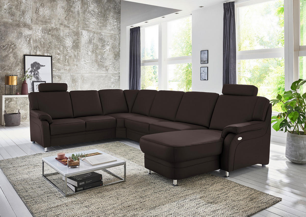 WOHNLANDSCHAFT Echtleder Schwarzbraun  - Schwarzbraun/Alufarben, Konventionell, Leder/Metall (239/329/165cm) - Beldomo Premium