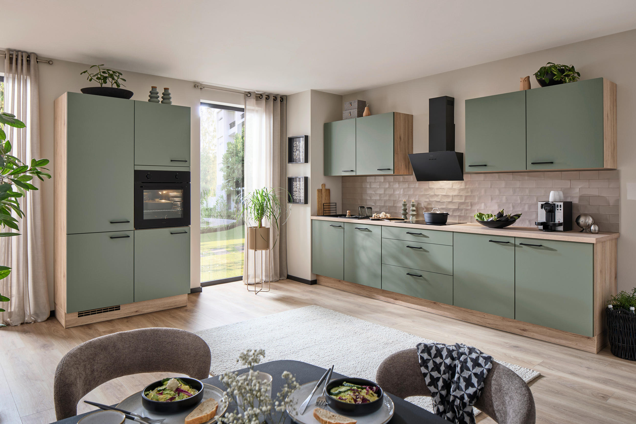 EINBAUKÜCHE 351  - Schilfgrün/Eichefarben, Design, Holzwerkstoff - Nobilia
