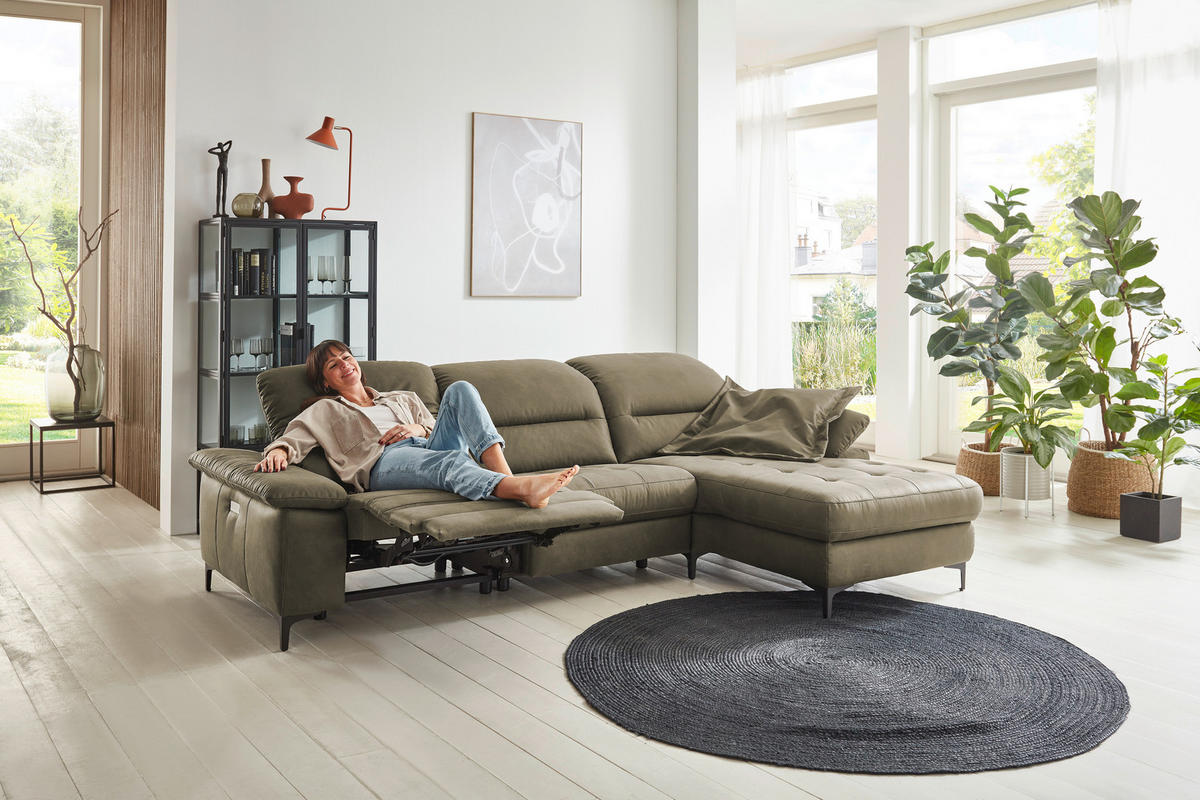 ECKSOFA in Mikrofaser Olivgrün  - Chromfarben/Olivgrün, Design, Textil/Metall (280/184cm) - Pure Home Comfort
