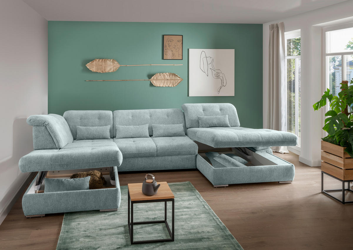 WOHNLANDSCHAFT Blau Chenille  - Chromfarben/Blau, Design, Textil/Metall (254/376/195cm) - Livetastic