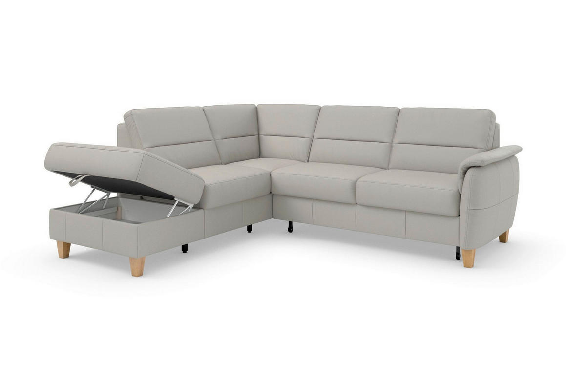 ECKSOFA PALMERA E Hellgrau Kombination Echtleder/Stoff Mikrofaser Stauraum  - Eichefarben/Hellgrau, Basics, Leder/Holz (212/236cm) - Sit & More