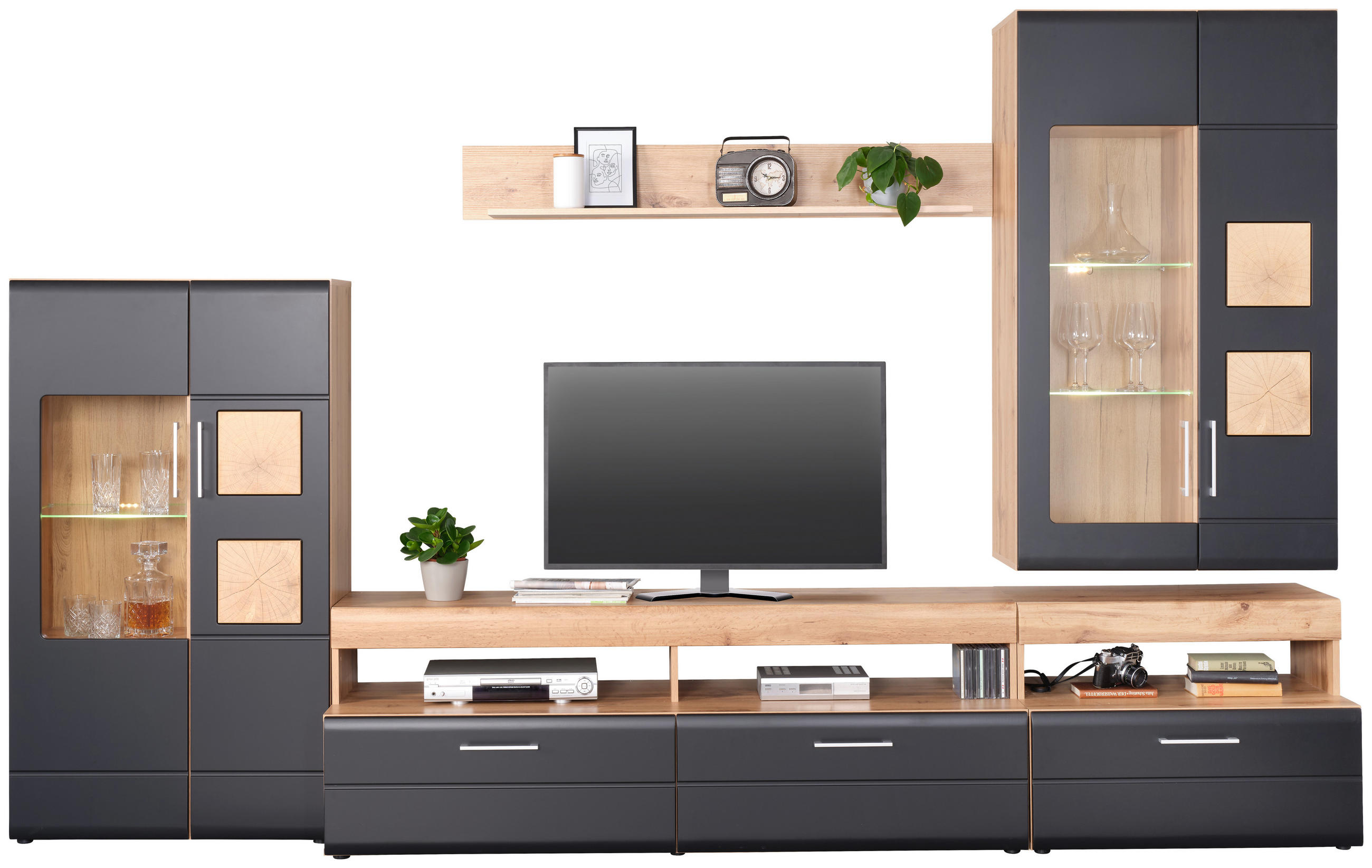 SET MOBILA LIVING in negru, culoare lemn stejar  - culoare crom/culoare lemn stejar, Konventionell, sticlă/metal (330/208/52cm) - Hom`in