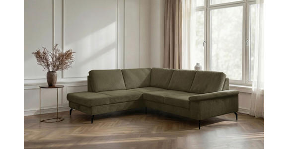 ECKSOFA Olivgrün Velours Bettkasten, Sitzvorzug  - Schwarz/Olivgrün, KONVENTIONELL, Textil/Metall (206/253cm) - Venda