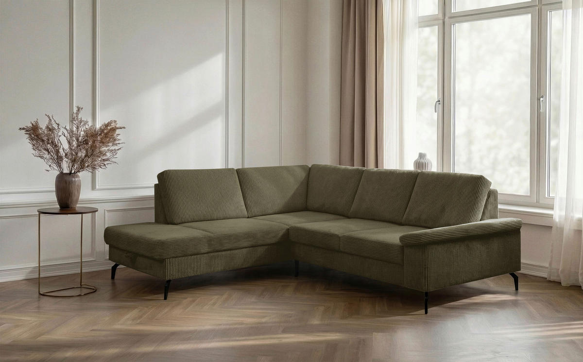 ECKSOFA Olivgrün Velours Bettkasten, Sitzvorzug  - Schwarz/Olivgrün, KONVENTIONELL, Textil/Metall (206/253cm) - Venda