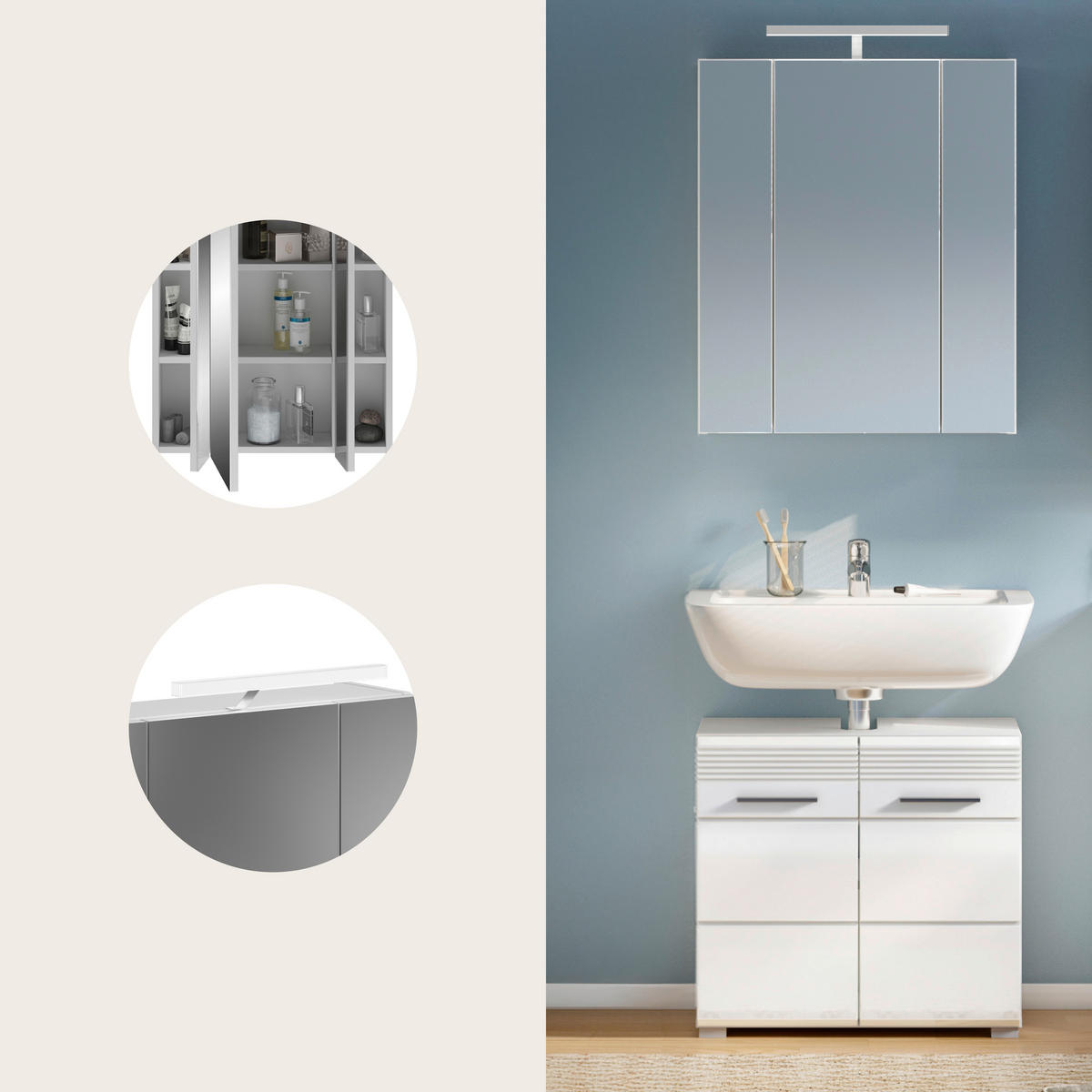 BADEZIMMER 2-teilig  in  - Weiß Hochglanz/Silberfarben, MODERN, Glas/Holzwerkstoff (60/182/34cm) - MID.YOU