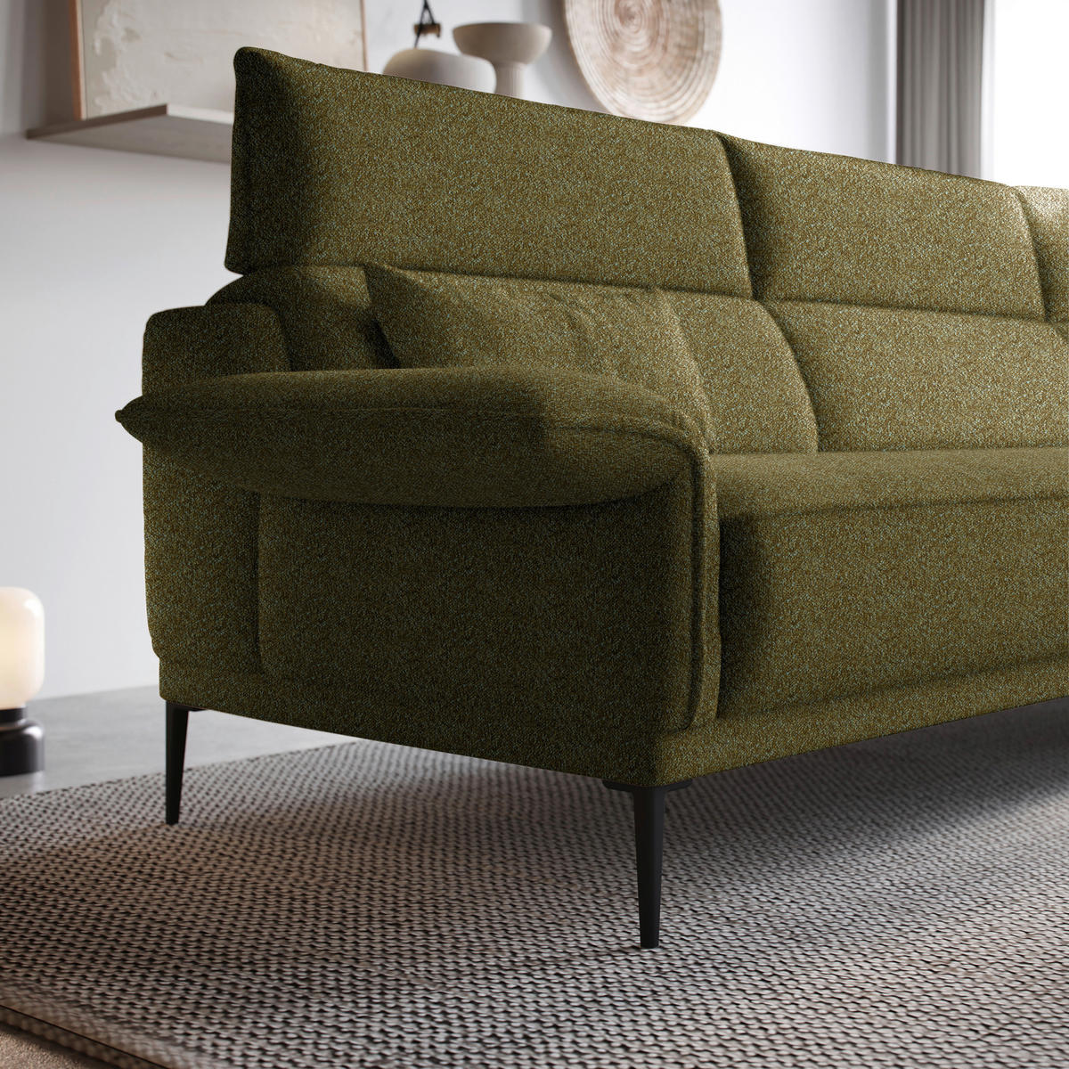 ECKSOFA in Bouclé Olivgrün  330/186 cm  - Schwarz/Olivgrün, Design, Textil/Metall (330/186cm) - Johann Jakob