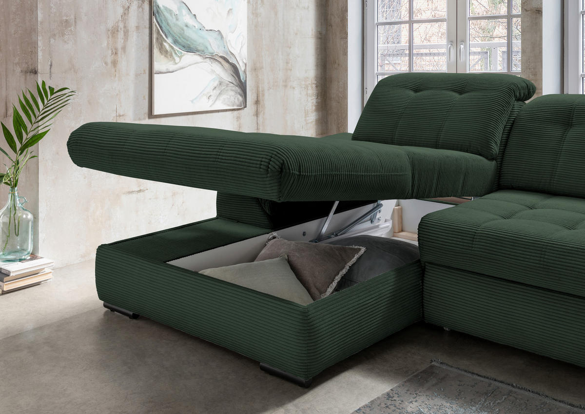 ECKSOFA in Cord Dunkelgrün  - Dunkelgrün/Schwarz, Modern, Textil/Metall (184/314cm) - Livetastic