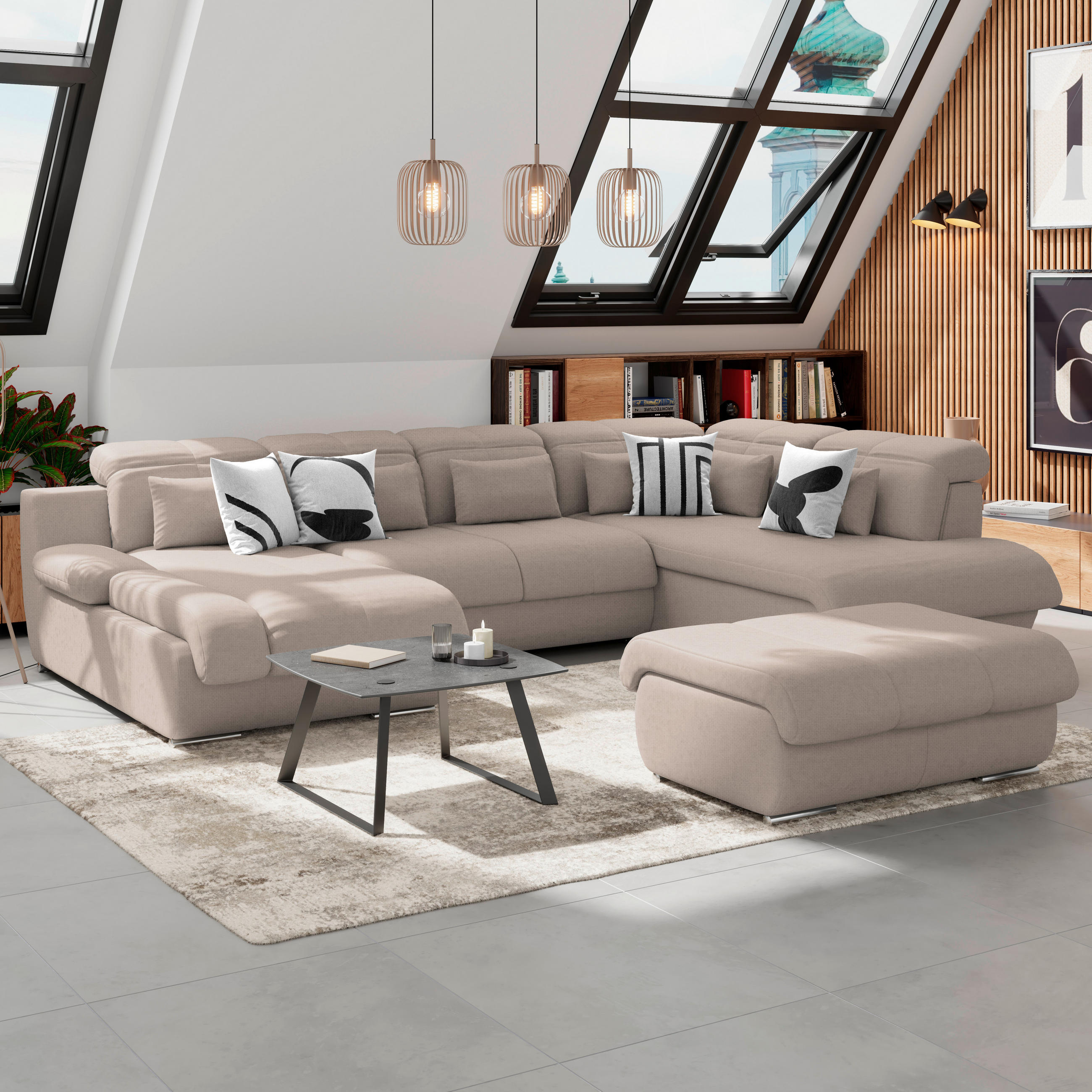 HOCKER in Textil Beige  - Chromfarben/Beige, Modern, Textil/Metall (100/43/80cm) - MID.YOU