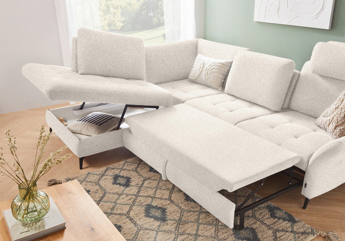 ECKSOFA in Bouclé Creme  - Creme/Schwarz, Natur, Textil/Metall (233/288cm) - Valnatura