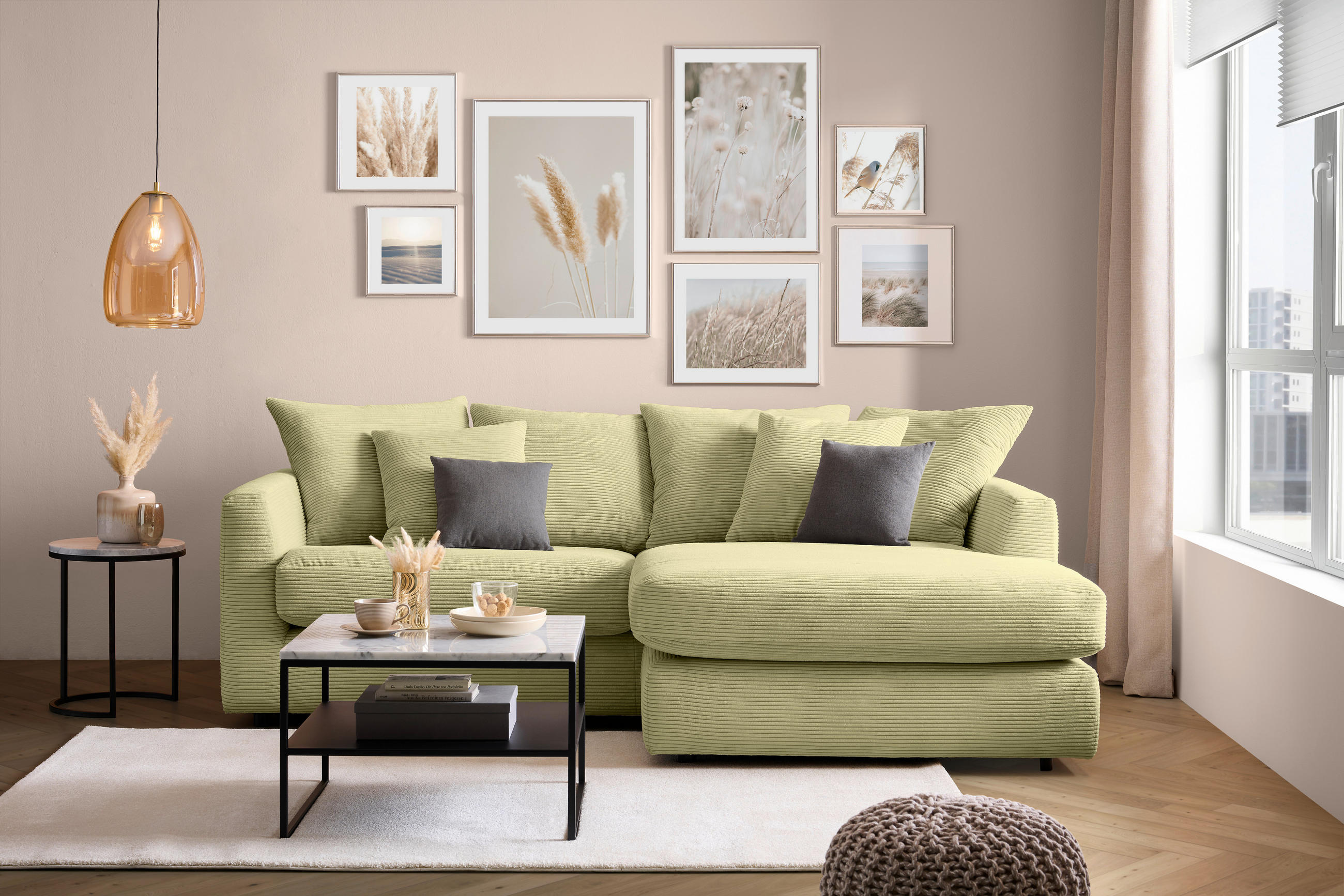 ECKSOFA Hellgrün Cord  - Schwarz/Hellgrün, Design, Kunststoff/Textil (235/175cm) - home24