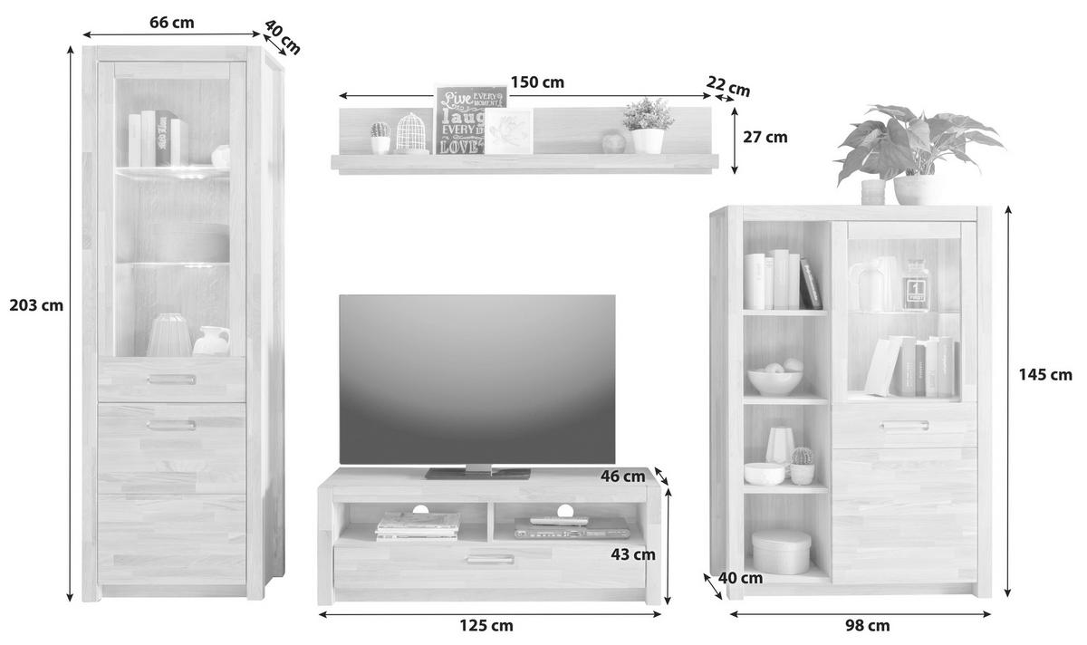 WOHNWAND  309/203/46 cm  in Buchefarben  - Buchefarben, Design, Glas/Holz (309/203/46cm) - MID.YOU