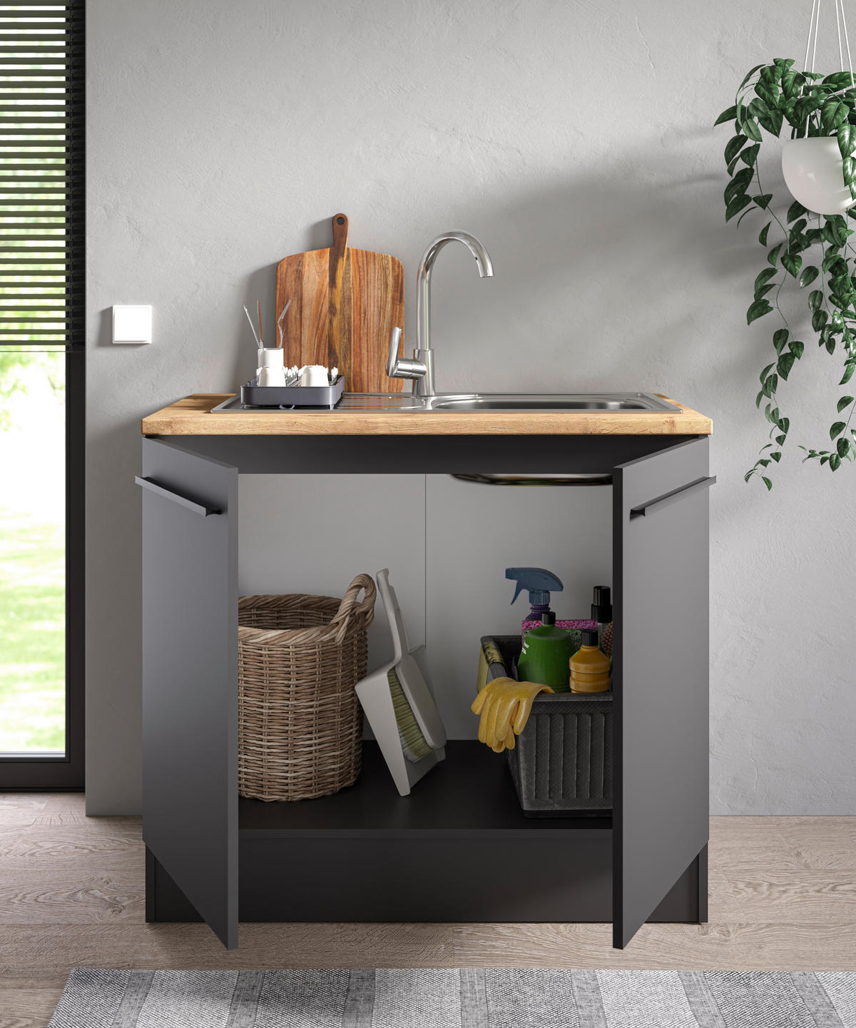 SPÜLENUNTERSCHRANK 100/90/60 cm  in Schwarz  - Eichefarben/Schwarz, Design, Holzwerkstoff/Kunststoff (100/90/60cm) - MID.YOU