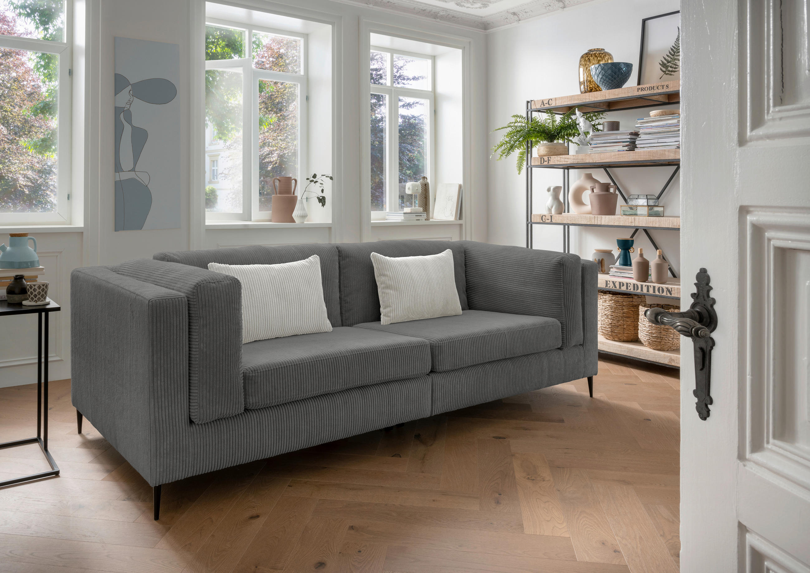 3-SITZER-SOFA in Cord Grau  - Silberfarben/Schwarz, Design, Textil/Metall (250/82/112cm) - Livetastic