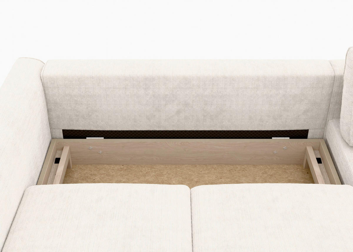 ECKSCHLAFSOFA  mit Bettkasten erhältlich, Sitzqualitäten, Schlafen auf Sitzhöhe, Bettfunktion erhältlich, Rücken echt, Armteil links, Armteil rechts Cord Creme  - Creme/Schwarz, MODERN, Textil/Metall (232/161cm) - Trendmanufaktur