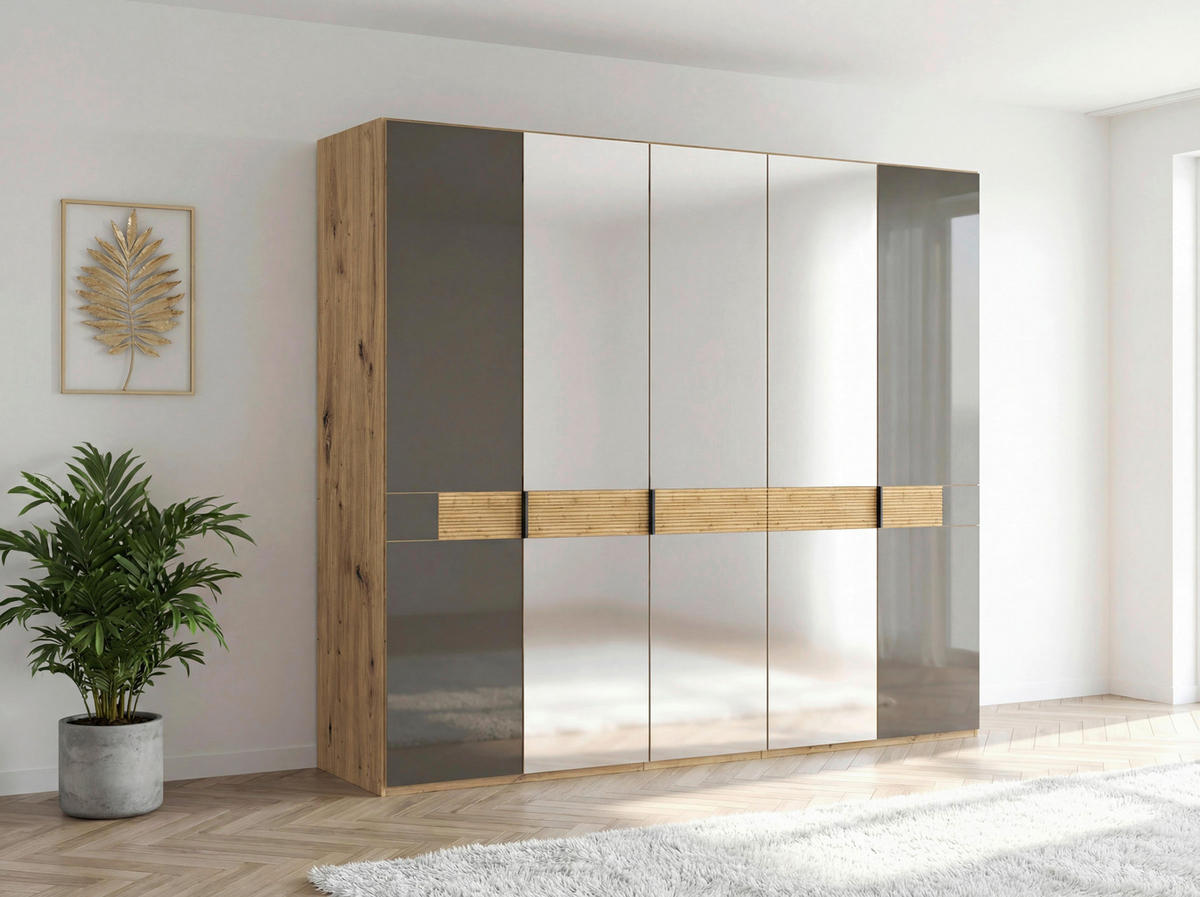 DREHTÜRENSCHRANK 250/216/58 cm,  in Eichefarben, Dunkelbraun, 5 Tür(en)  - Schieferfarben/Eichefarben, Design, Glas/Holz (250/216/58cm) - Musterring