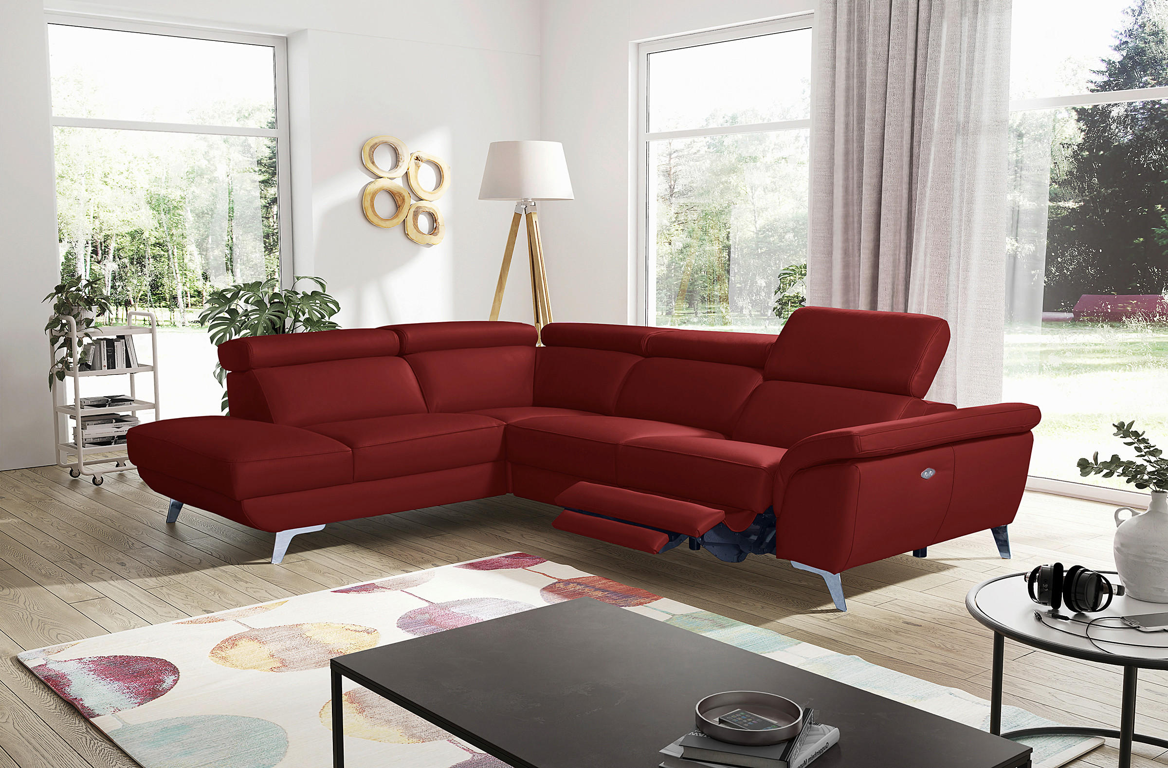 ECKSOFA  in Echtleder Rot  228/283 cm  - Silberfarben/Rot, Design, Leder/Metall (228/283cm) - Livetastic