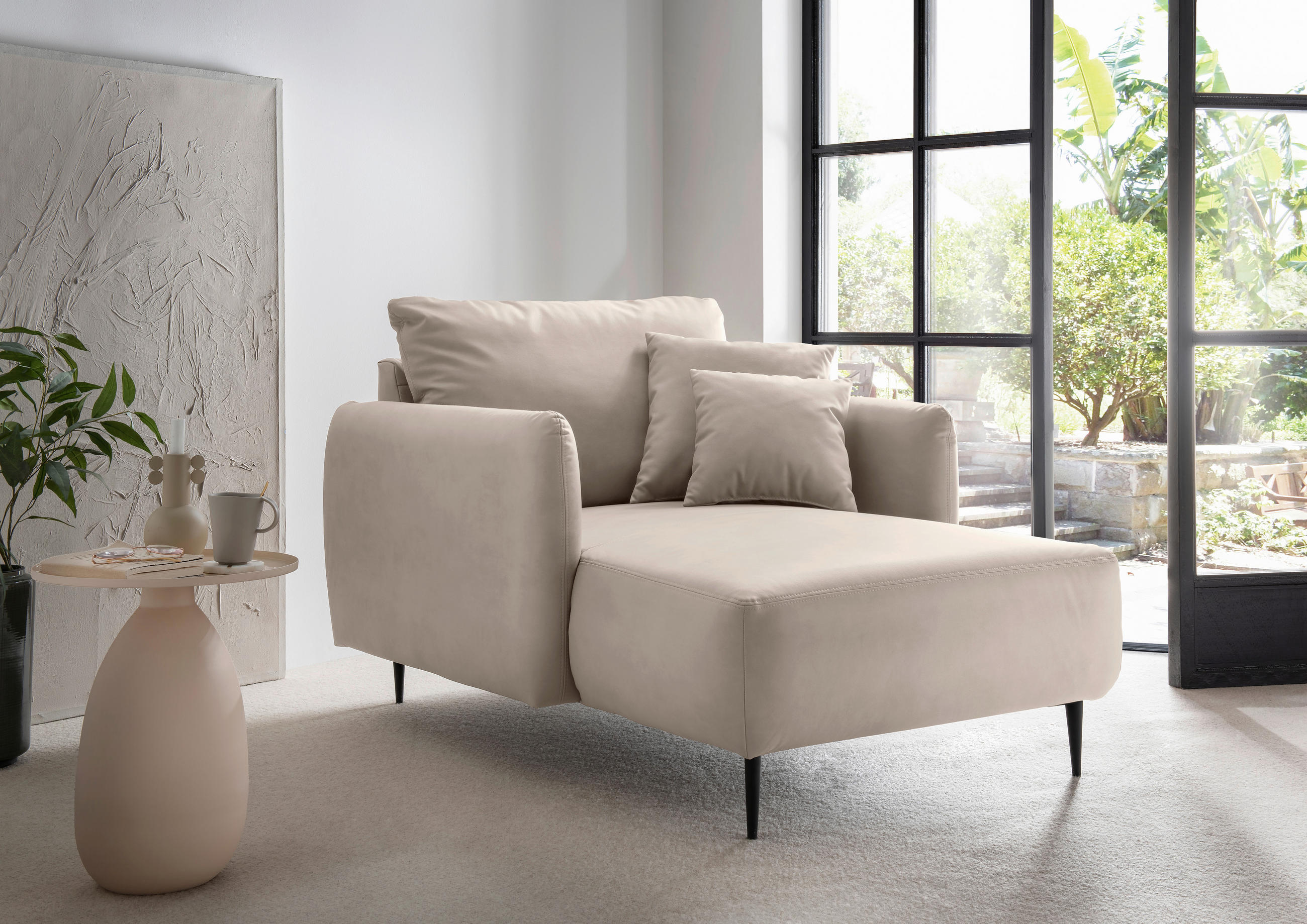 XXL-SESSEL Lederlook Beige    - Beige/Schwarz, Design, Textil/Metall (112/95/158cm) - Livetastic