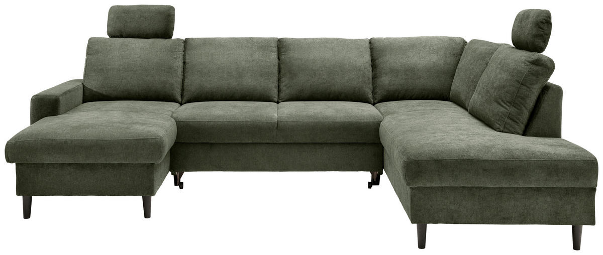 WOHNLANDSCHAFT in Chenille Dunkelgrün  - Dunkelgrün/Schwarz, Modern, Holz/Textil (153/305/200cm) - Livetastic