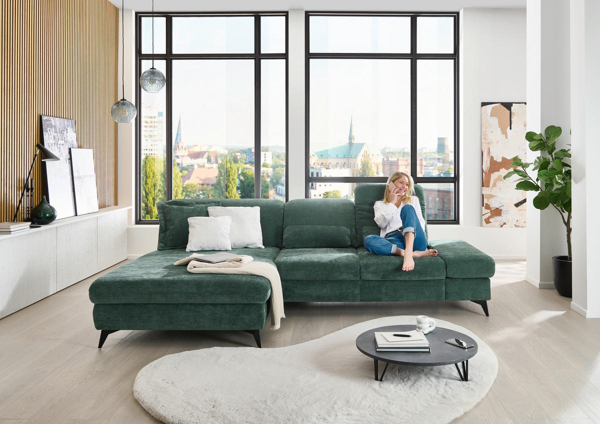 ECKSOFA Dunkelgrün Chenille  - Dunkelgrün/Schwarz, Design, Textil/Metall (198/288cm) - Beldomo Style