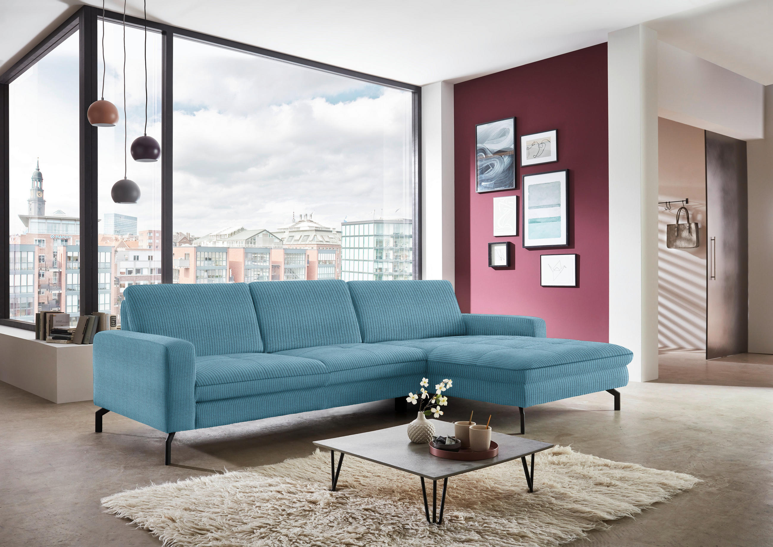 ECKSOFA in Cord Petrol  - Petrol/Schwarz, Design, Textil/Metall (302/178cm) - Beldomo Style