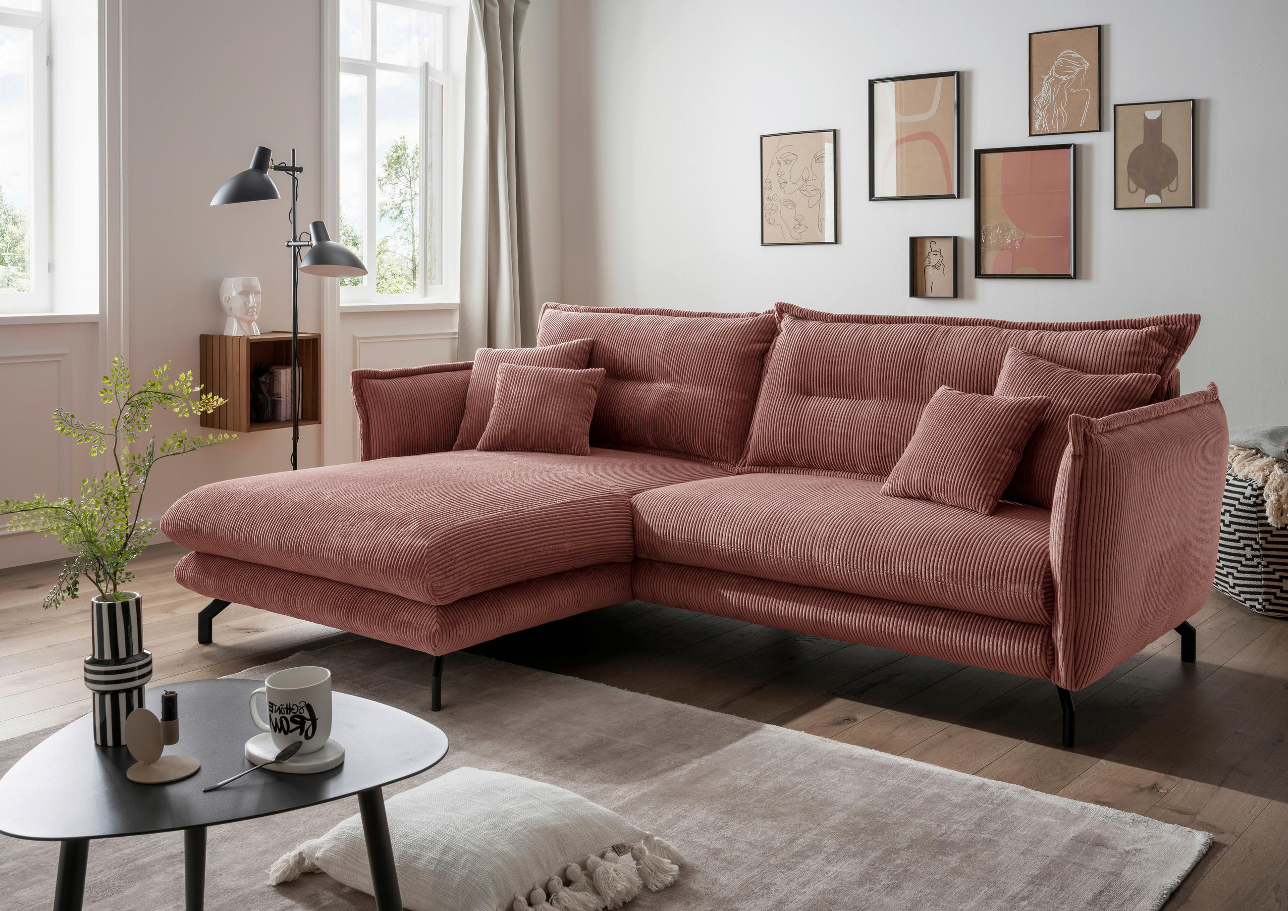 ECKSOFA Koralle Cord  - Koralle/Schwarz, MODERN, Textil/Metall (180/255cm) - Livetastic