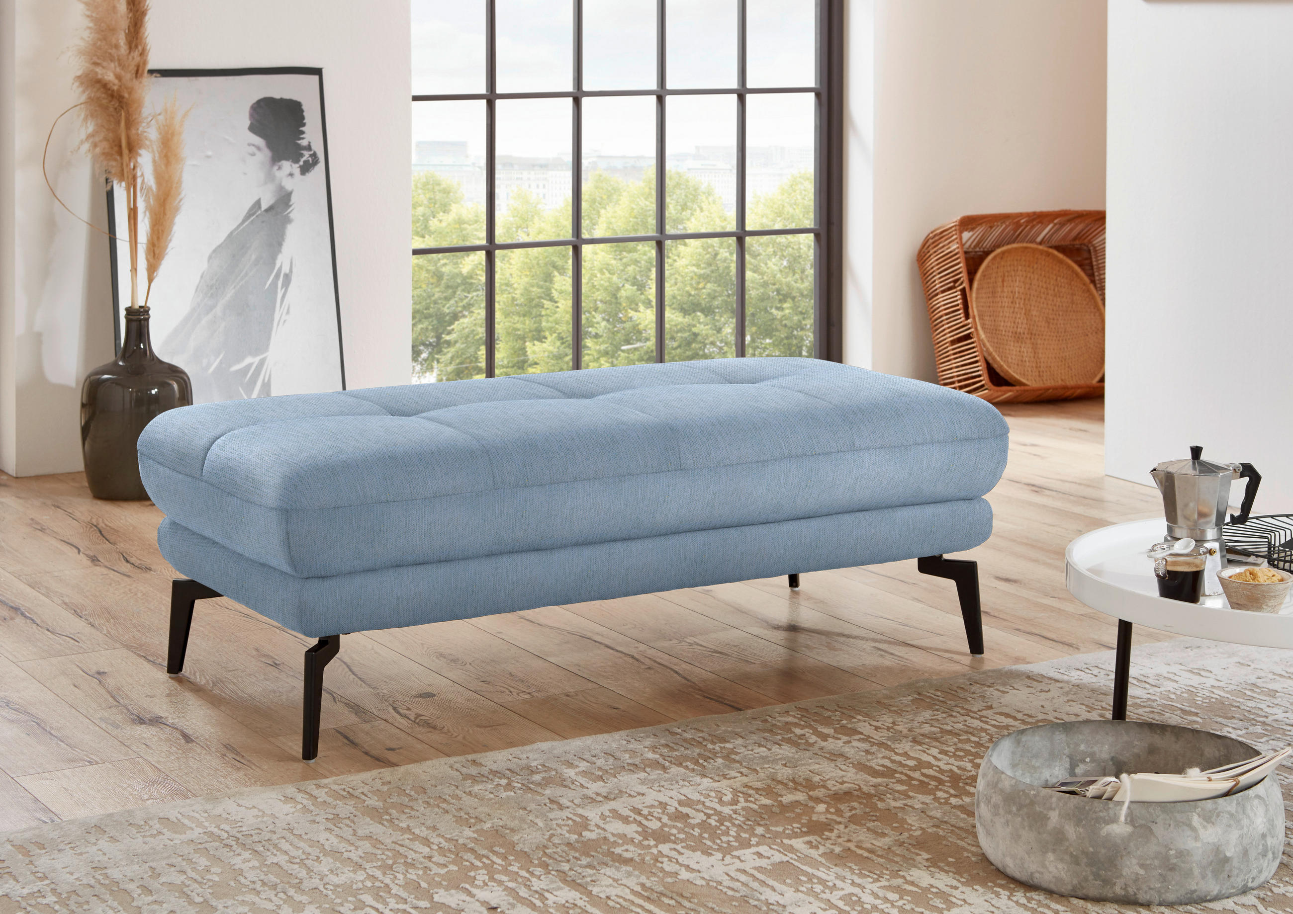 HOCKER in Textil Hellblau  - Schwarz/Hellblau, Design, Textil/Metall (132/45/68cm) - Beldomo Style