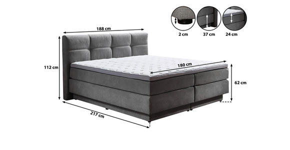 BOXSPRINGBETT 180/200 cm,  in Grau, Matratze, gepolstertes Kopfteil, Bettkasten, Topper, H2 + H3 = mittel + fest  - Schwarz/Grau, KONVENTIONELL, Kunststoff/Textil (180/200cm) - Carryhome