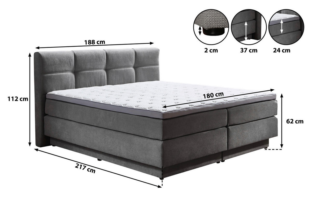 POSTEL BOXSPRING, 180/200 cm, šedá - šedá/černá, Konvenční, textil/plast (180/200cm) - Esposa