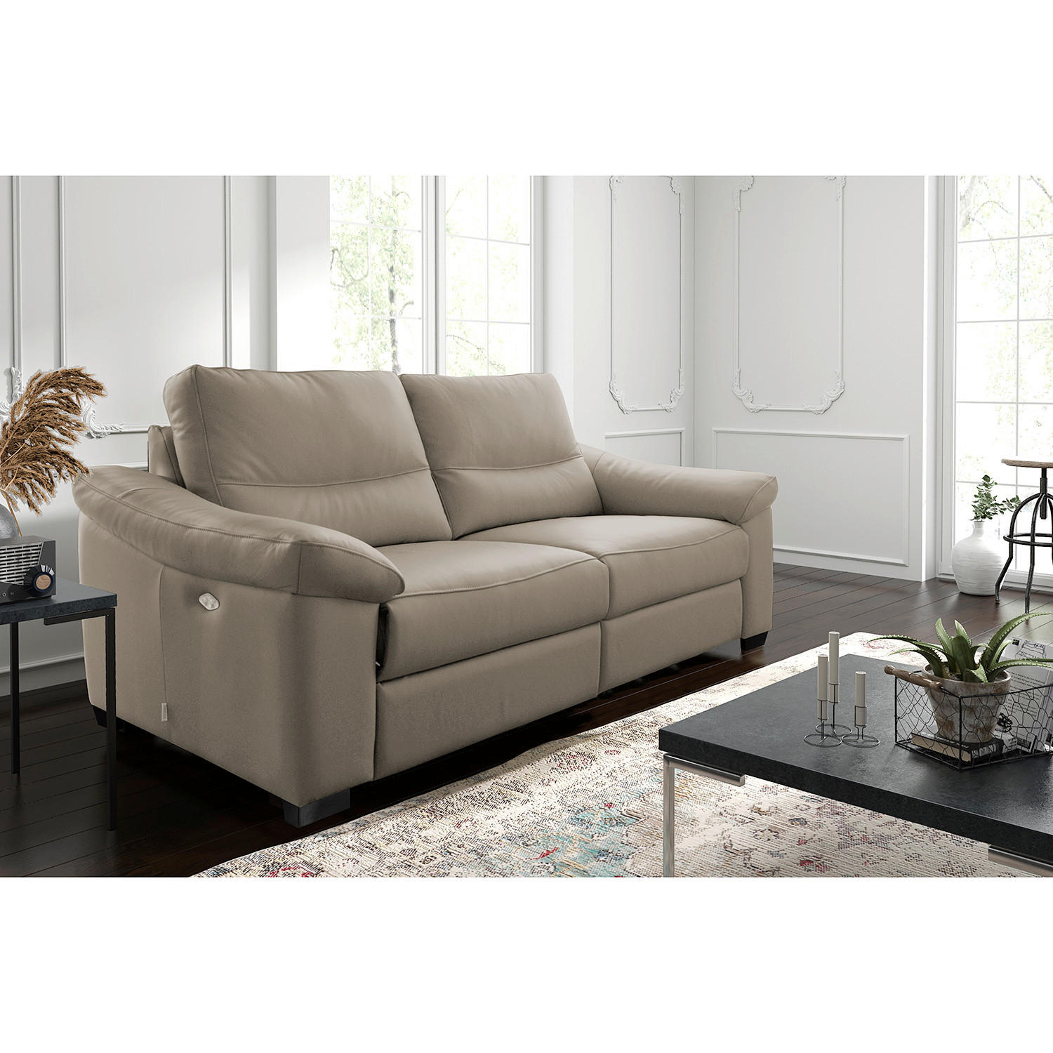 2,5-SITZER  in Echtleder Grau   - Schwarz/Grau, Design, Leder/Holz (214/97/97cm) - Livetastic