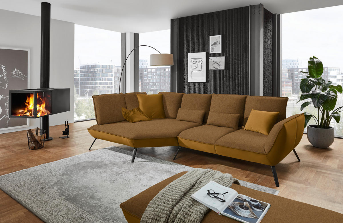 ECKSOFA Goldfarben Flachgewebe  - Goldfarben/Schwarz, Design, Textil/Metall (169/320cm) - Moderano