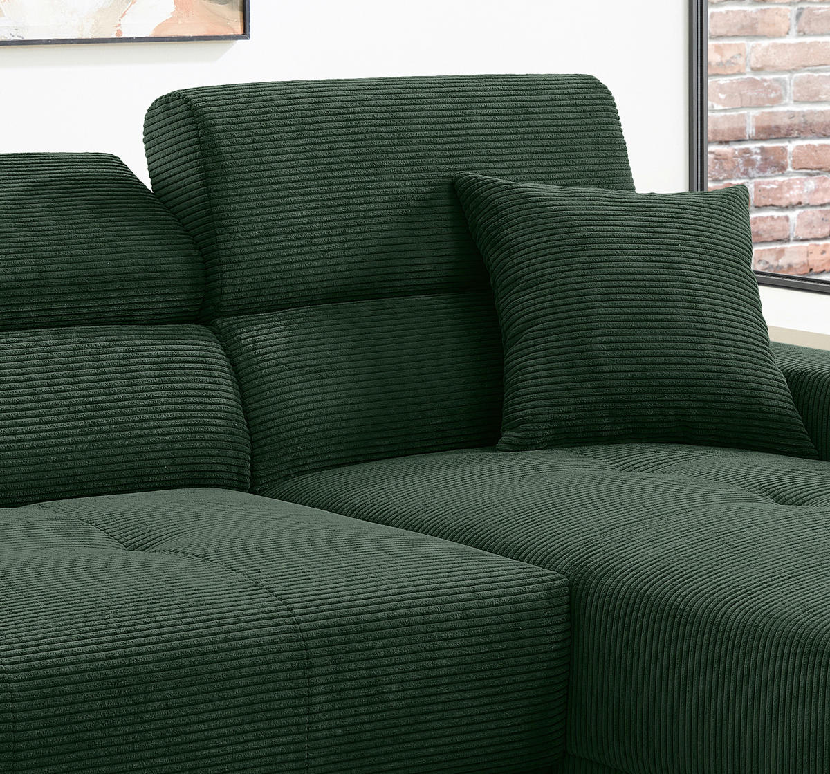ECKSOFA ORIO Dunkelgrün Cord Zierkissen, Kopfteilverstellung, Sitzvorzug  - Dunkelgrün/Schwarz, Basics, Textil/Metall (250/183cm) - Livetastic