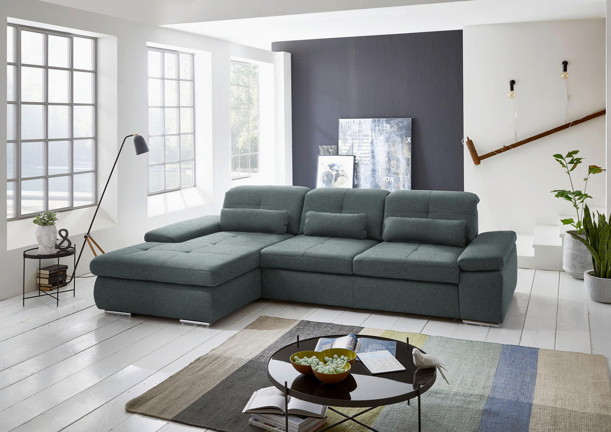 ECKSOFA  in Flachgewebe Blaugrau  195/309 cm  - Chromfarben/Blaugrau, Design, Textil (195/309cm) - Beldomo Style