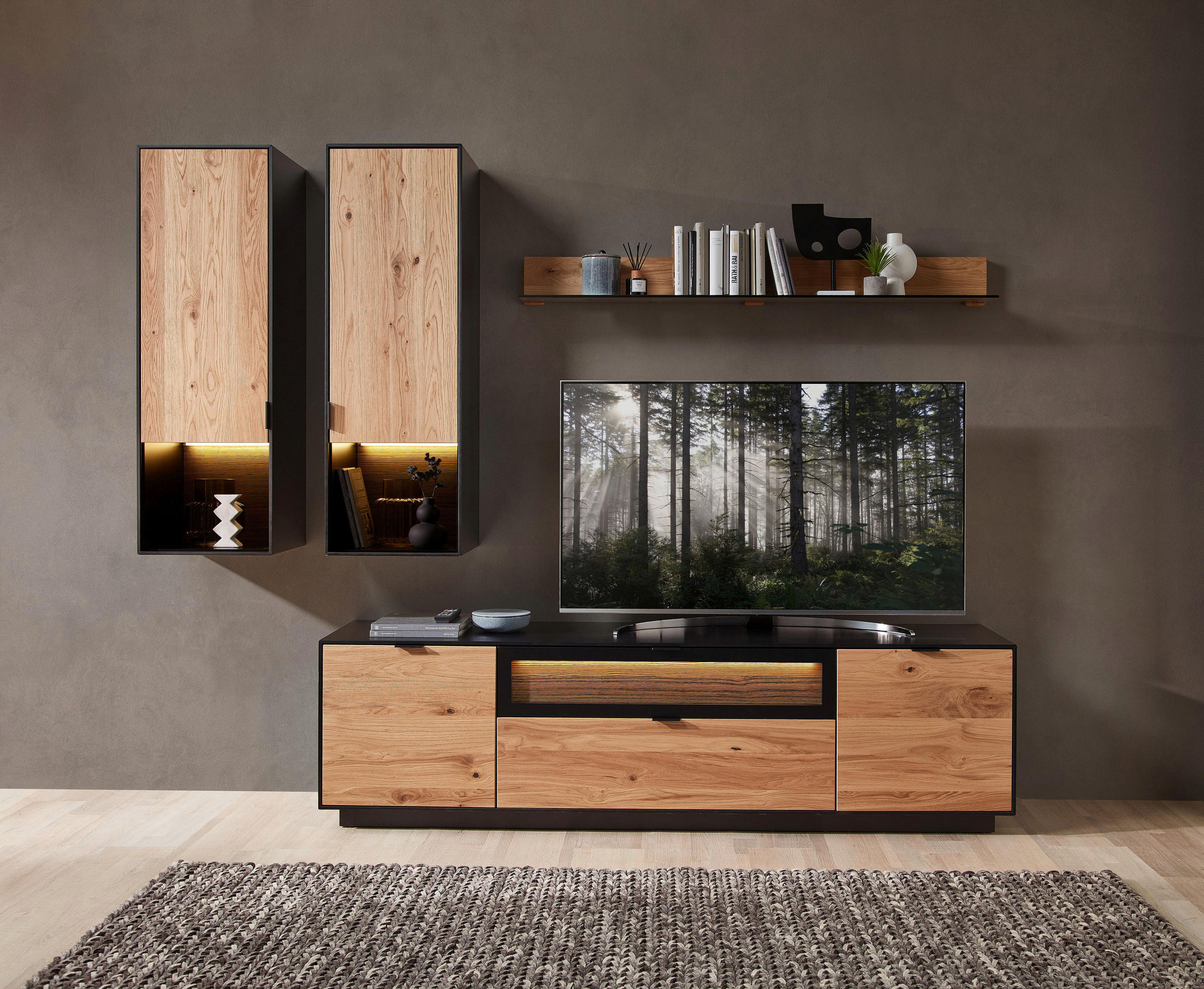 WOHNWAND  in Schwarz, Eichefarben  255/200/45 cm  - Eichefarben/Schwarz, MODERN, Glas/Holz (255/200/45cm) - Novel