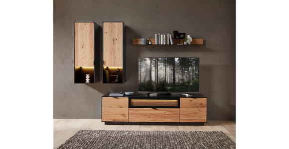 WOHNWAND  in Schwarz, Eichefarben  255/200/45 cm  - Eichefarben/Schwarz, MODERN, Glas/Holz (255/200/45cm) - Novel