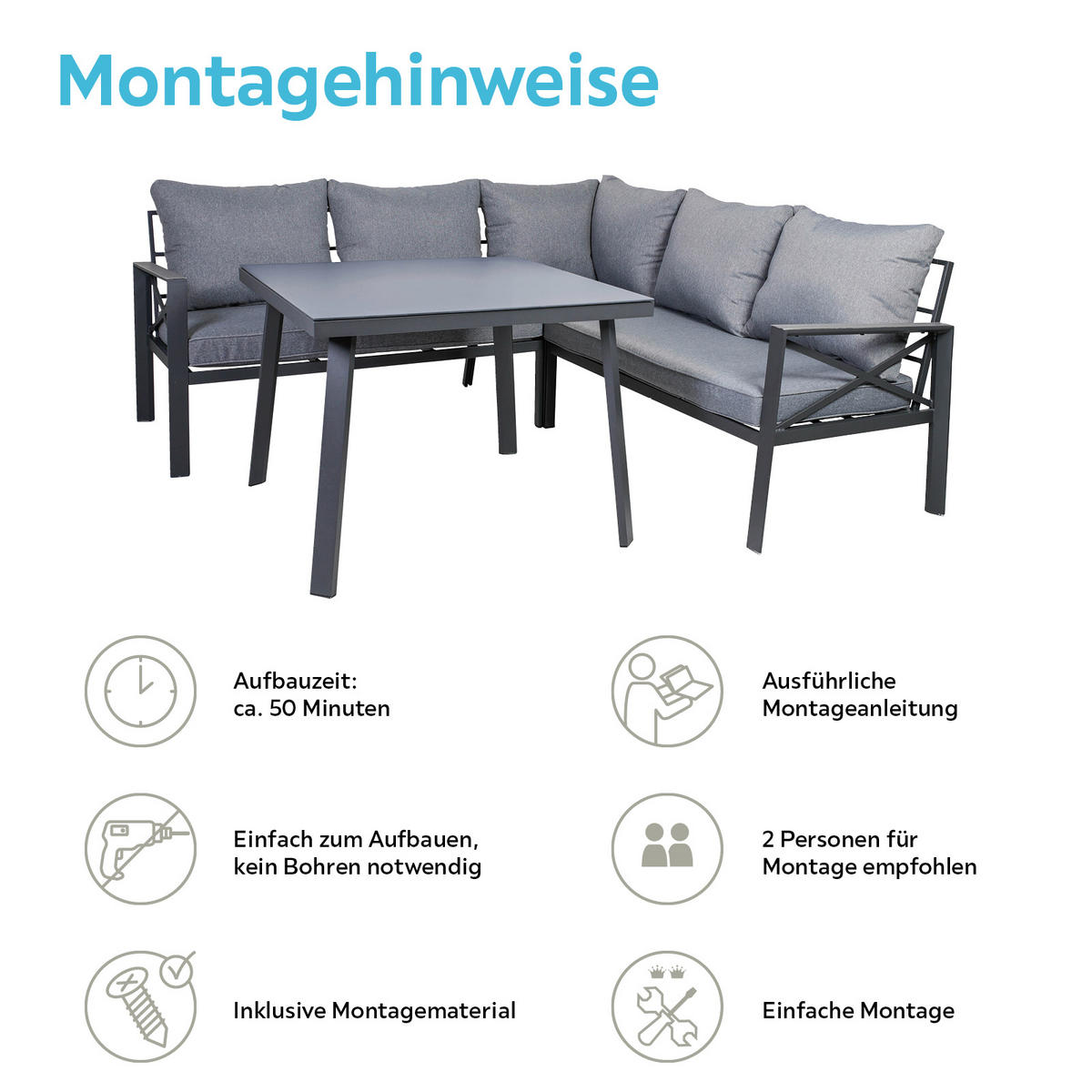 LOUNGEGARNITUR 4-teilig   131,5/77/72 cm Aluminium  - Anthrazit, Basics, Glas/Textil (131,5/77/72cm) - Gardenson