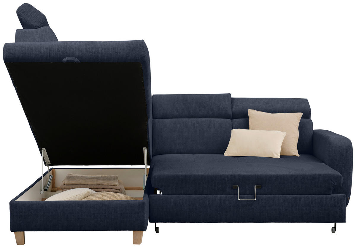 ECKSOFA inkl. Funktionen Dunkelblau Samt  - Dunkelblau, Natur, Holz/Textil (206/261cm) - Venda