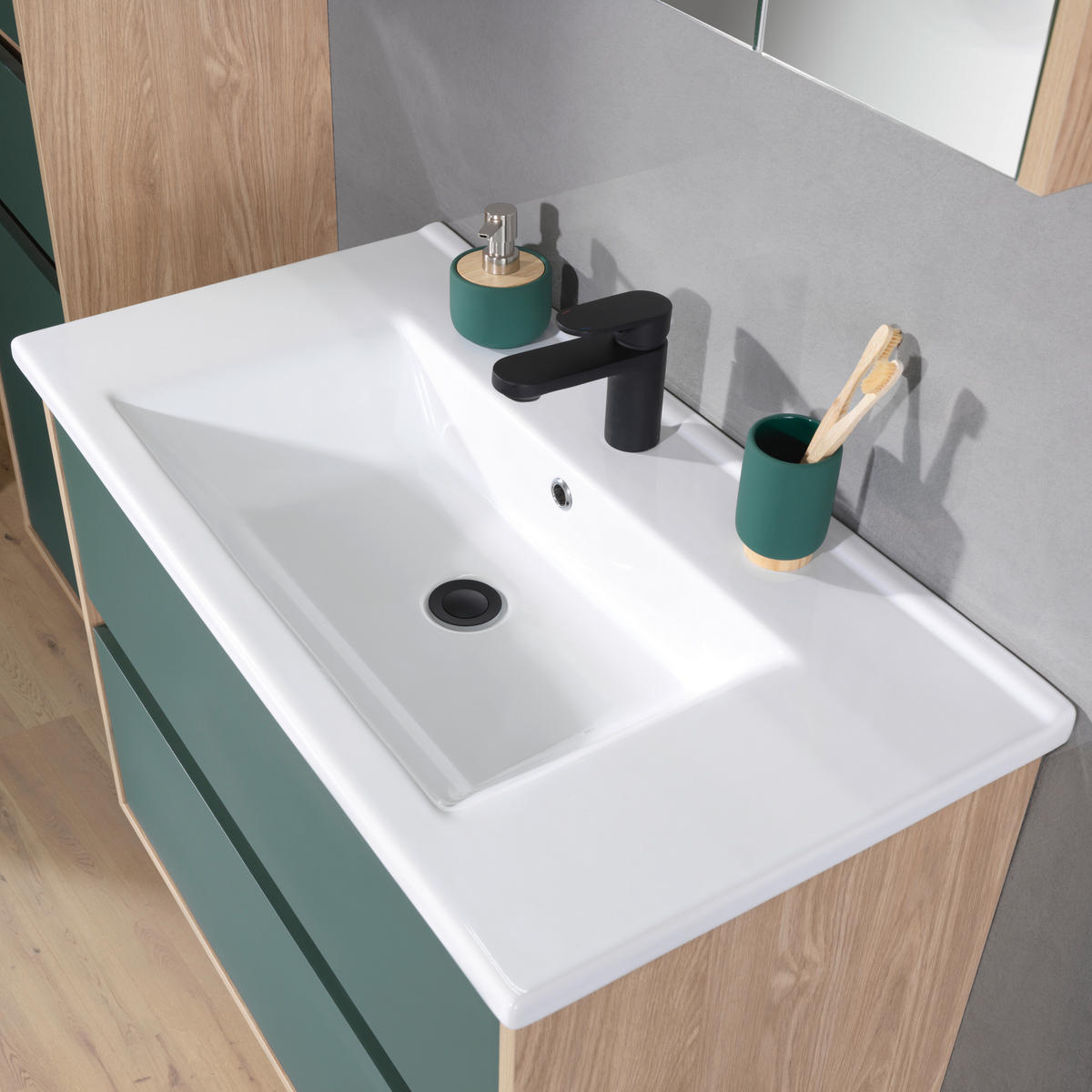 WASCHTISCHKOMBI 85 cm  - Waldgrün/Eichefarben, Basics, Keramik/Holzwerkstoff (85cm) - Stylife
