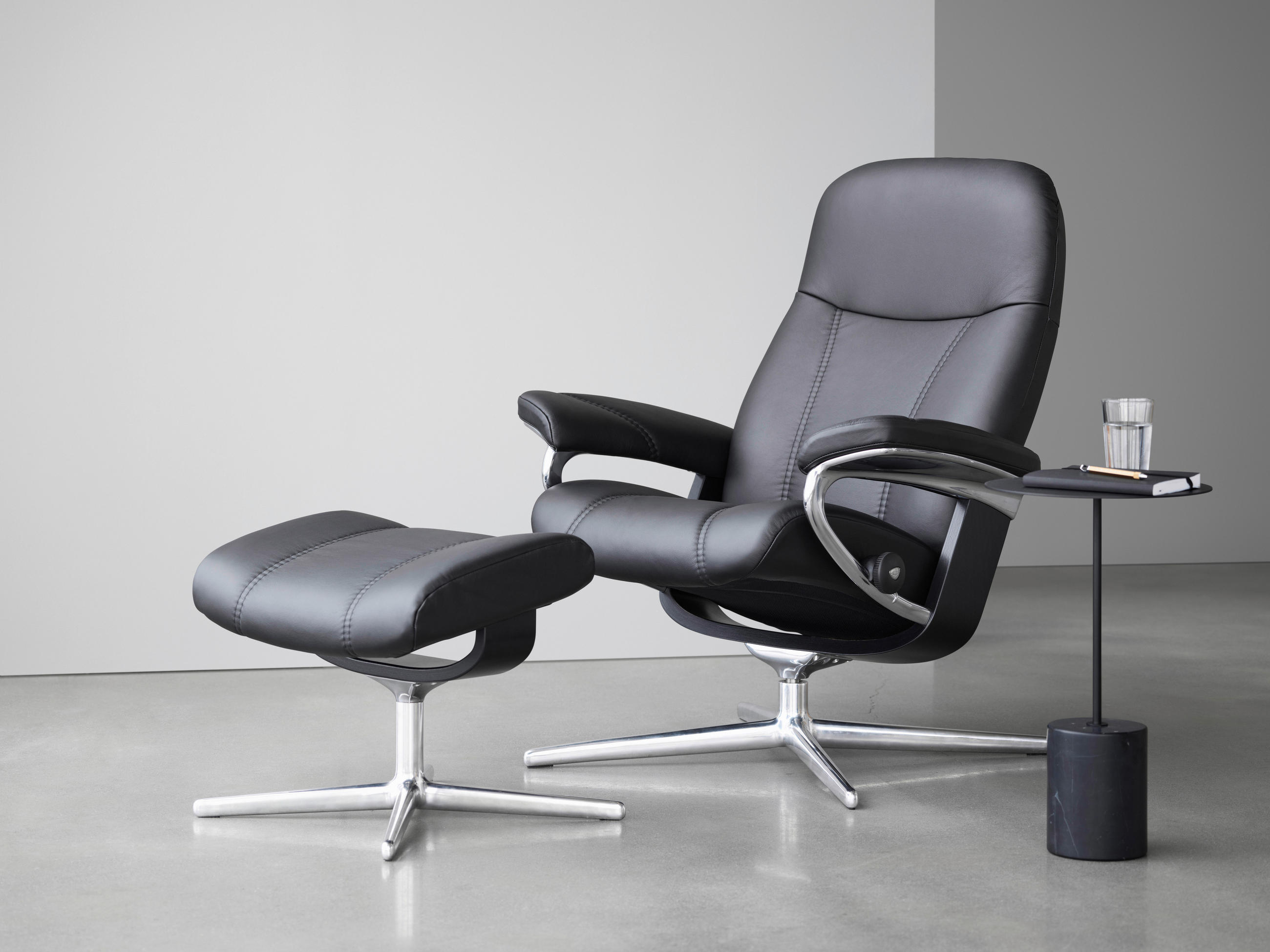 RELAXSESSELSET Echtleder Relaxfunktion, Hocker    - Alufarben/Schwarz, Natur, Leder (82/102/72cm) - Stressless