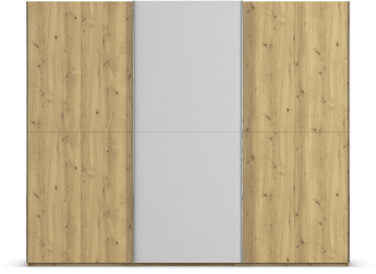SCHWEBETÜRENSCHRANK 270/223/68 cm 3-türig Eichefarben, Chromfarben, Hellgrau  - Chromfarben/Eichefarben, Design, Glas/Holz (270/223/68cm) - Novel