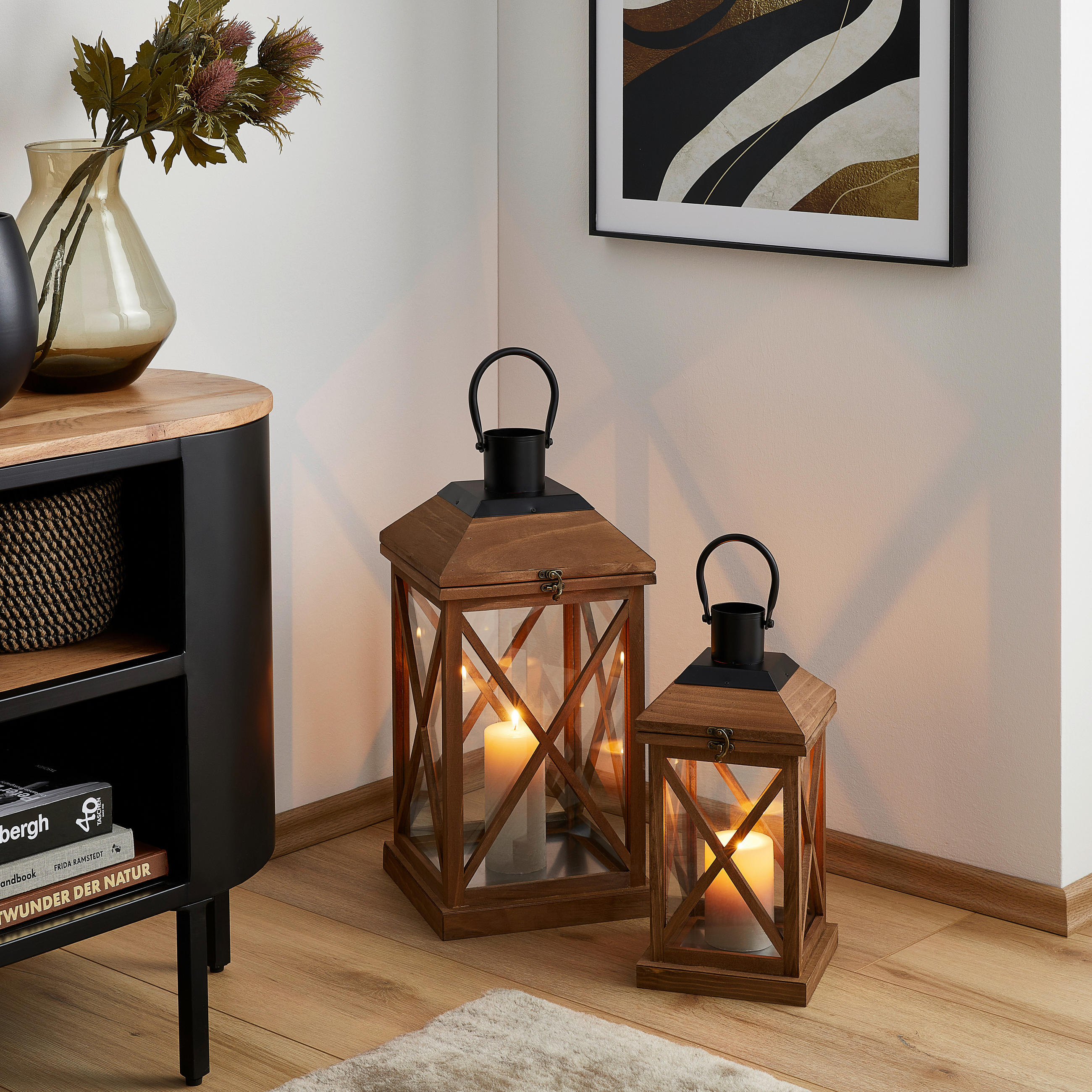 LATERNE - Schwarz/Braun, LIFESTYLE, Glas/Holz (17/36/17cm) - Ambia Home