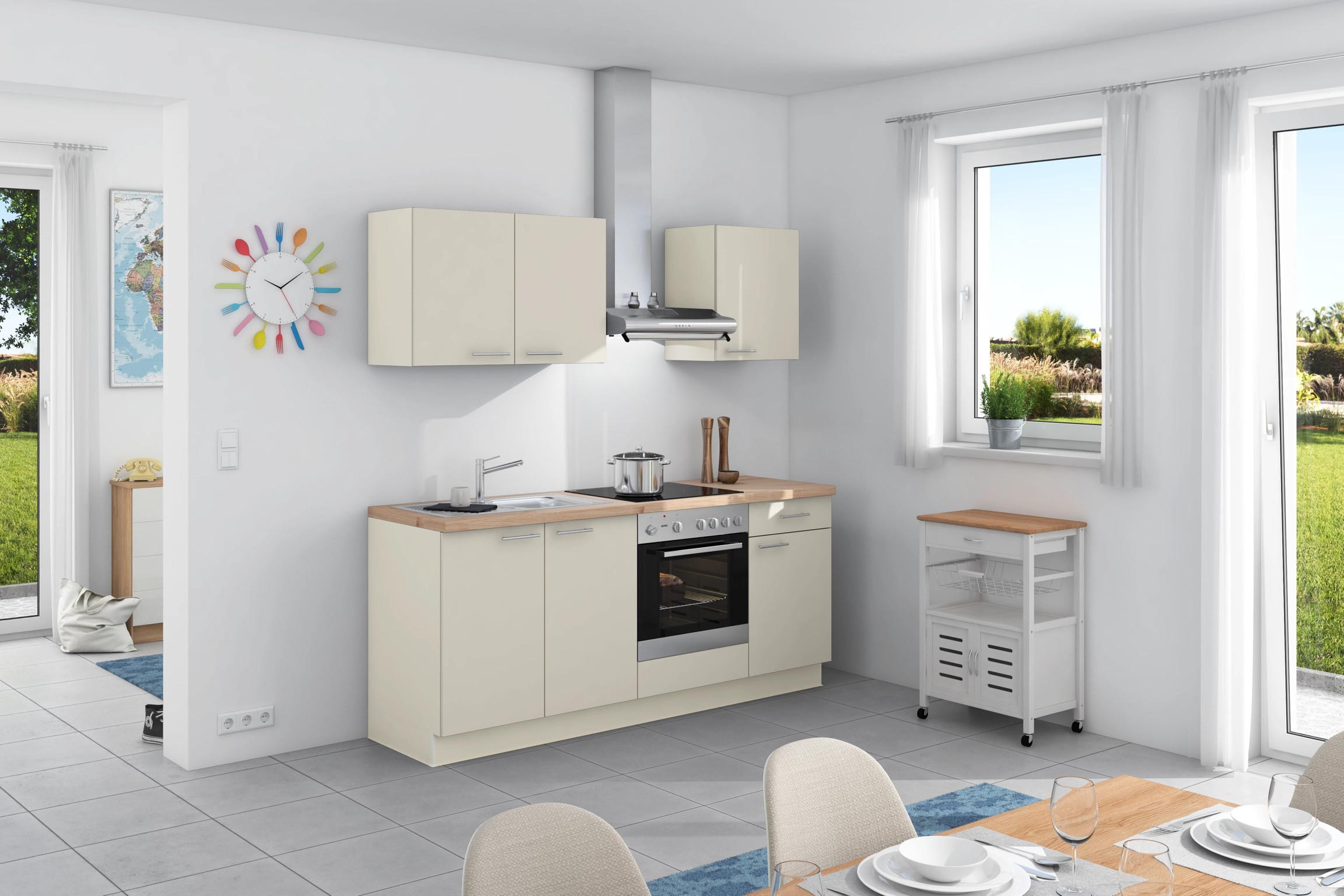 Küchenzeile Base ohne Geräte 200 cm Magnolia/Wildeiche