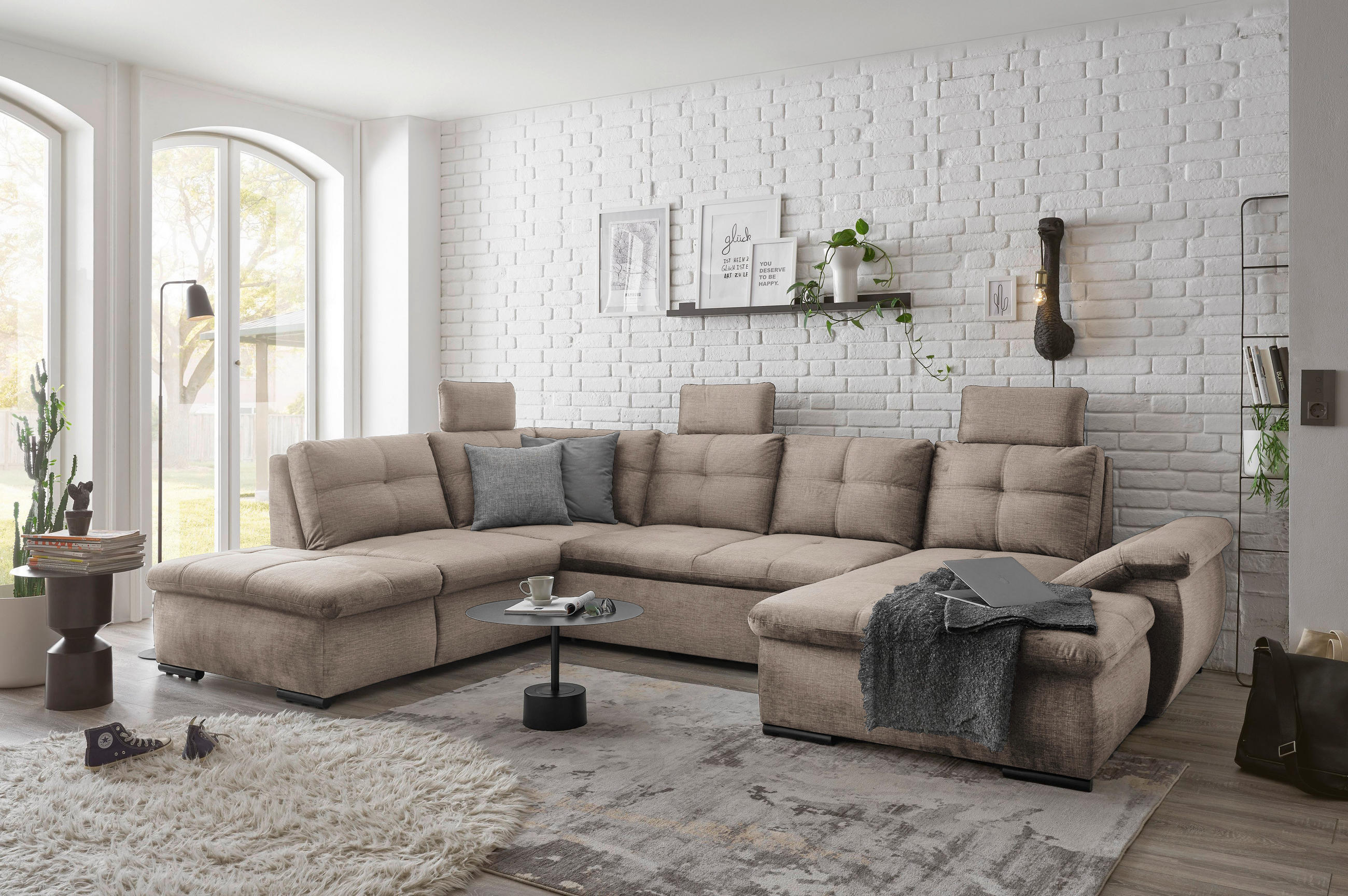 SOFFA i mikrovelour cremefärgad  - svart/cremefärgad, Klassisk, textil/plast (217/334/127cm) - MID.YOU